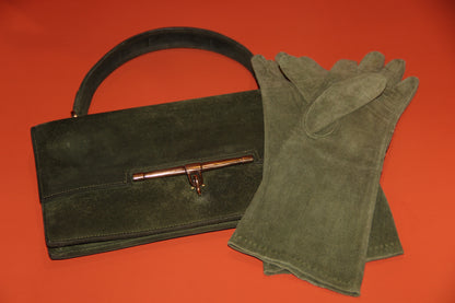 Lot Hermès: sac à main "Palonnier" + gants assortis kaki