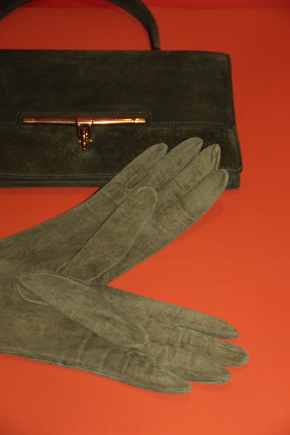 Lot Hermès: sac à main "Palonnier" + gants assortis kaki