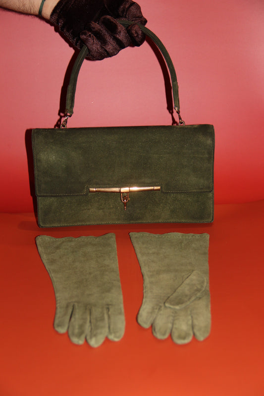 Lot Hermès: sac à main "Palonnier" + gants assortis kaki